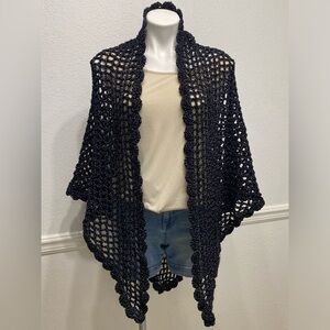 Hand Knit Poncho/Wrap, Black&Silver, Whimsy Goth, Fairy Goth, Mod, Grunge. OS